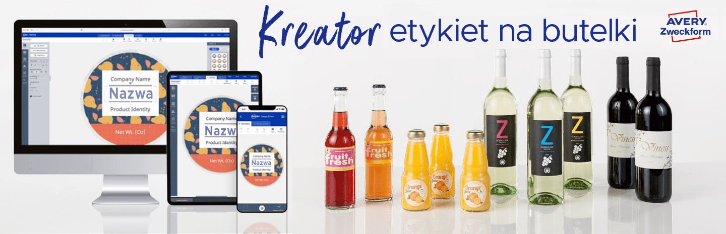 Ekran oprogramowania na monitorze, tablecie i telefonie oraz butelki z oranżadą, sokiem, winem białym i winem czerwonym na białym tle