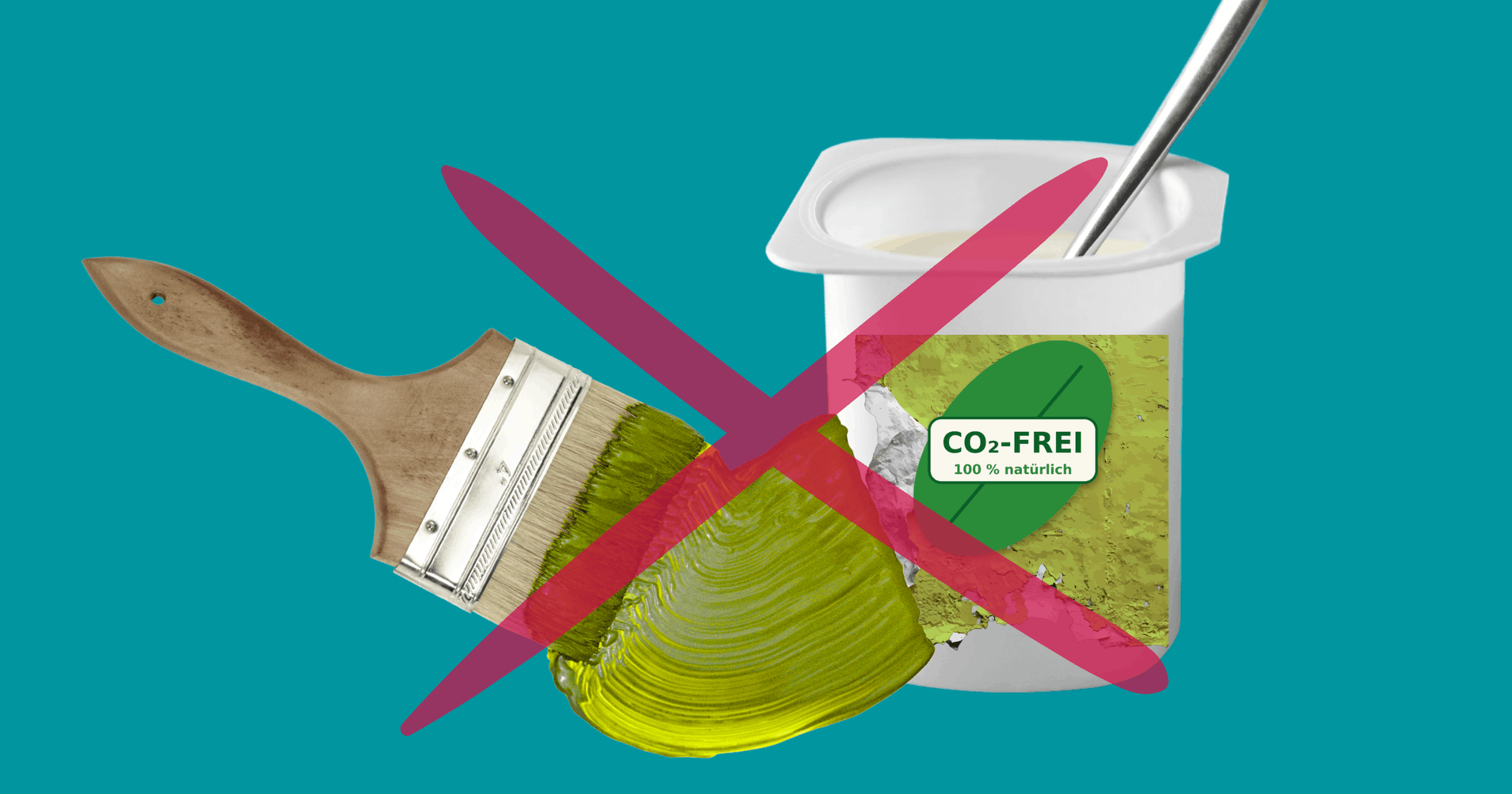 Grafika symbolizująca sprzeciw wobec greenwashingu. Na obrazie widać pędzel z zieloną farbą oraz opakowanie produktu z etykietą 'CO2-FREI' i '100% natürlich'. Całość jest przekreślona dużym, czerwonym znakiem X