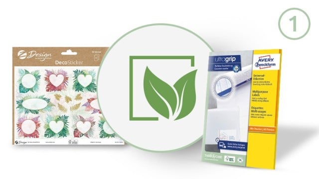 Baner ukazujący produkt Z-Design oraz etykiety w paczce wraz z ikonką z zielonym liściem