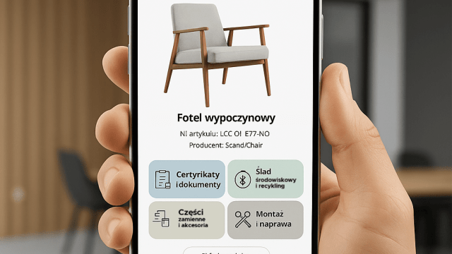 Zdjęcie dłoni trzymającej smartfon z ekranem aplikacji „Cyfrowy paszport produktu”. Na ekranie zdjęcie fotela wypoczynkowego oraz przyciski: „Certyfikaty i dokumenty”, „Ślad środowiskowy i recykling”, „Części zamienne i akcesoria”, „Montaż i naprawa” oraz „Skład produktu”. W tle rozmyte wnętrze biura lub salonu.