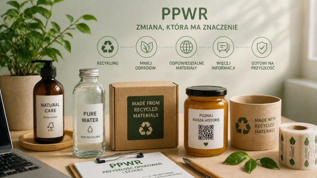 Infografika "PPWR Zmiana, która ma znaczenie" z pięcioma ikonami i podpisami: Recykling, Mniej odpadów, Odpowiedzialne materiały, Więcej informacji, Gotowi na przyszłość. Na biurku w tle widać przykłady ekologicznych opakowań.