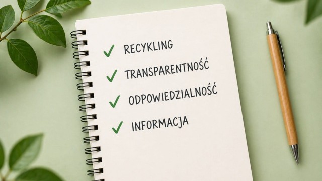 Otwarty notatnik na zielonym tle, obok gałązka i długopis. Na kartce lista z zielonymi znacznikami: Recykling, Transparentność, Odpowiedzialność, Informacja.