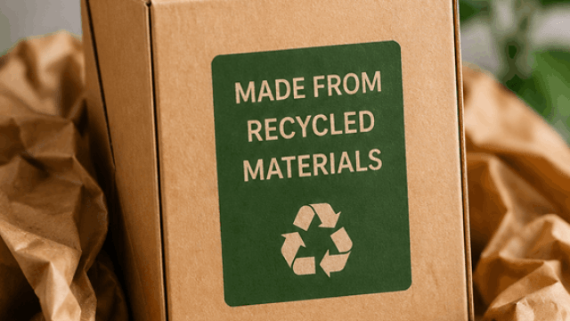 Kartonowe pudełko na brązowym papierze pakowym. Na pudełku jest zielona etykieta z napisem "Made from recycled materials" i uniwersalnym symbolem recyklingu.