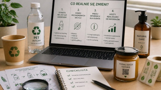 Laptop na biurku wyświetlający slajd "Co realnie się zmieni?". Slajd wymienia 4 punkty dotyczące etykiet, decyzji, informacji dla klienta i kosztów materiałów. Wokół laptopa leżą różne opakowania produktów i checklisty.
