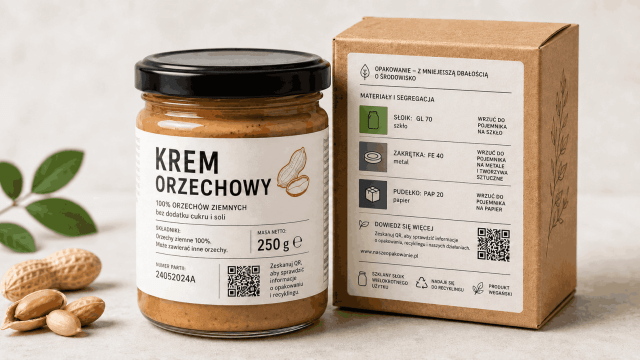  Słoik kremu orzechowego i jego kartonowe pudełko. Na pudełku nadrukowano czytelną instrukcję recyklingu z piktogramami: słoik (szkło) do zielonego kosza, zakrętka (metal) do żółtego, a pudełko (papier) do niebieskiego. Na etykiecie słoika widnieje kod QR prowadzący do dalszych informacji.