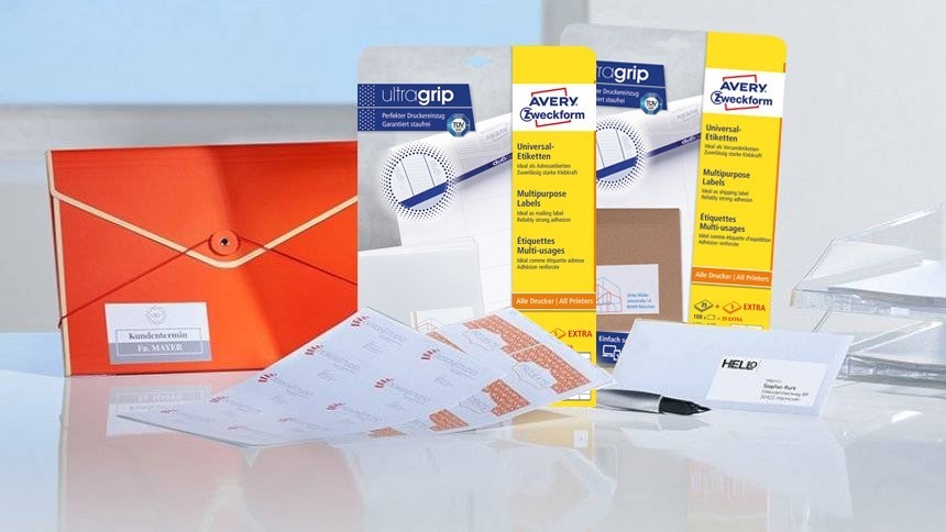 Baner prezentujący paczki etykiet uniwersalnych z technologią ultra grip