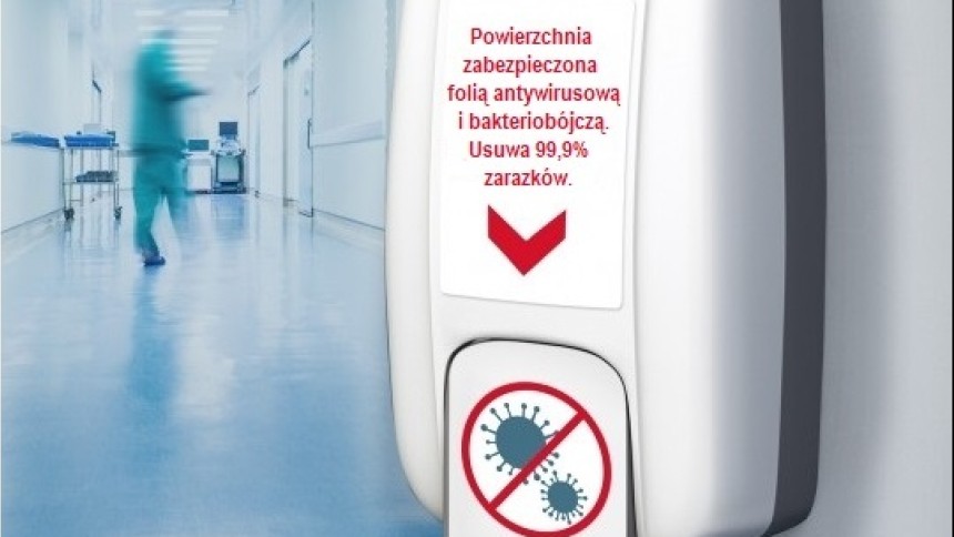 Etykiety antydrobnoustrojowe na dozowniku do dezynfekcji