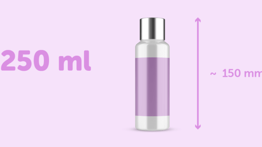 Fioletowa infografika tubki z kremem z prostokątną pustą fioletową etykietą, napisem 250 ml oraz wymiarami pojemnika