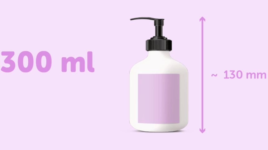 Fioletowa infografika pojemnika z mydłem w płynie z prostokątną pustą fioletową etykietą, napisem 300 ml oraz wymiarami pojemnika