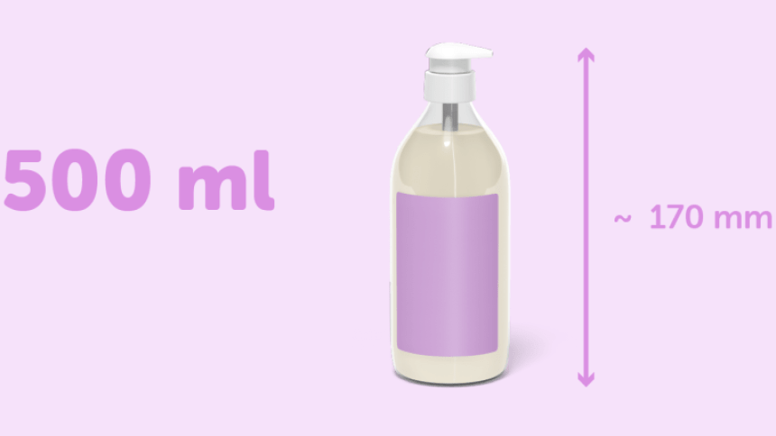 Fioletowa infografika pojemnika na płyn do kąpieli z prostokątną pustą fioletową etykietą, napisem 500 ml oraz wymiarami pojemnika