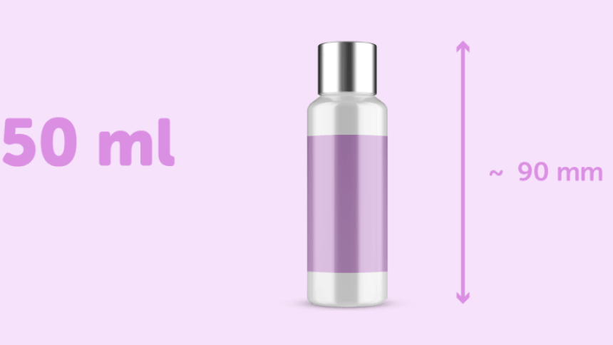 Fioletowa infografika tubki z kremem z prostokątną pustą fioletową etykietą, napisem 50 ml oraz wymiarami pojemnika