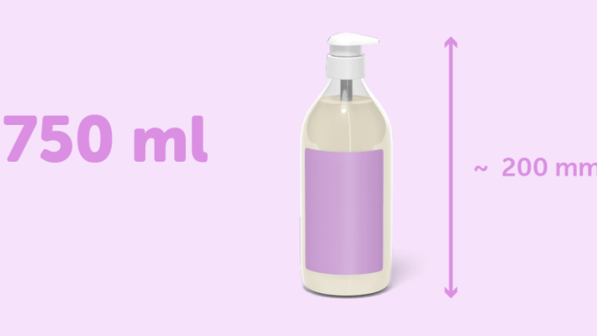 Fioletowa infografika pojemnika na płyn do kąpieli z prostokątną pustą fioletową etykietą, napisem 750 ml oraz wymiarami pojemnika