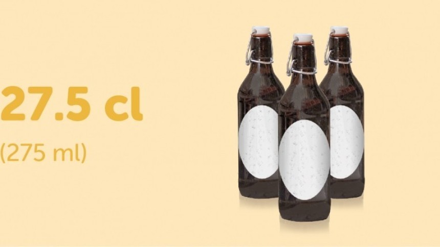 Żółta infografika z trzema butelkami piwa z pustymi owalnymi etykietami oraz napisem 27,5 cl