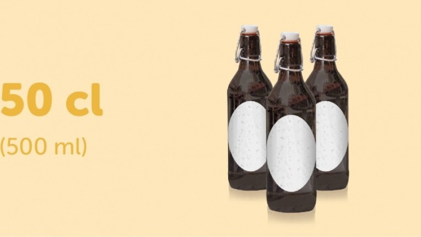 Żółta infografika z trzema butelkami piwa z pustymi owalnymi etykietami oraz napisem 50 cl
