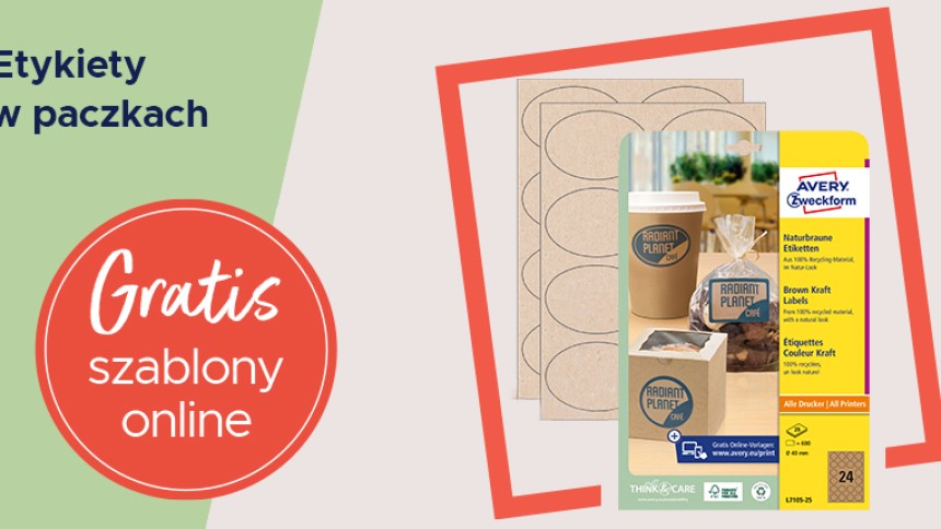 Zielonoszary baner z napisem etykiety w paczkach, przedstawiający paczki etykiety Avery w środku czerwonej kwadratowej ramki oraz z informacją Gratis szablony online w czerwonym kole po lewej