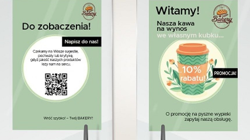Szklane drzwi z dwoma prostokątnymi zielonymi naklejkami informacyjnymi na szybę