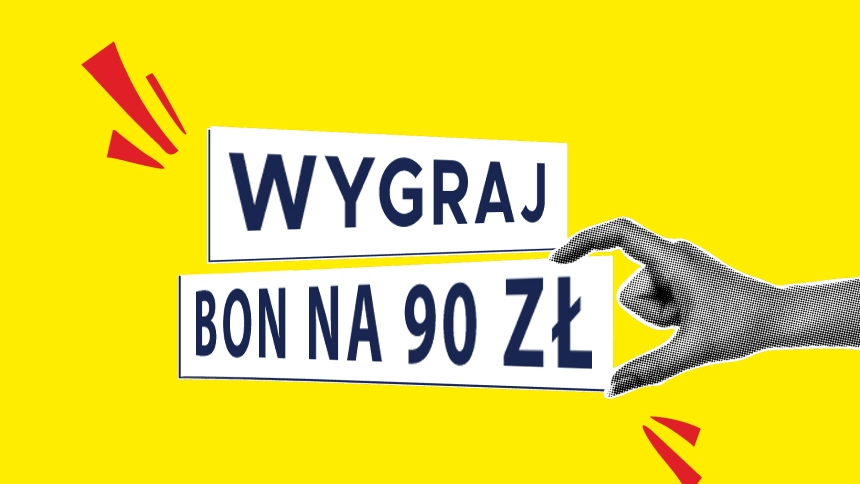 Napis Wygraj bon na 90 zł na żółtym tle i czarnobiałą dłonią