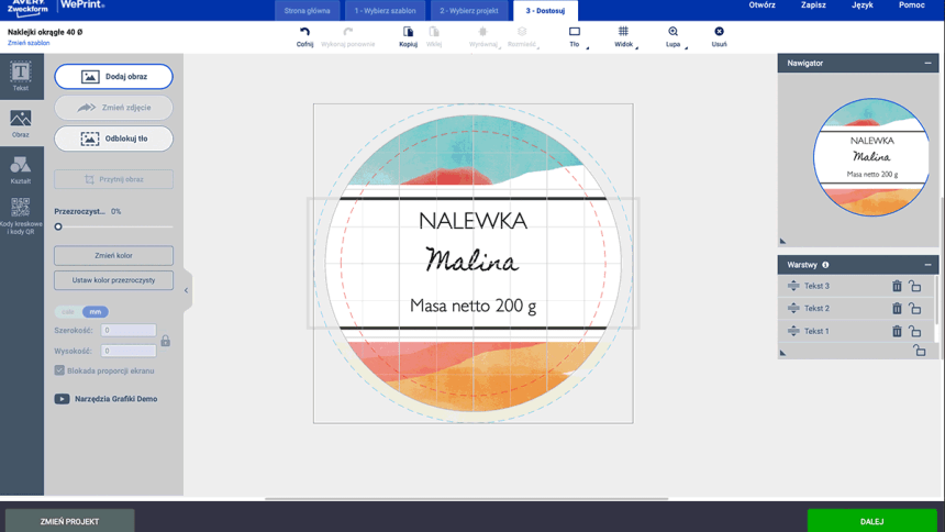 Ekran projektowania okrągłej naklejki na nalewkę w oprogramowaniu Avery Design&Print