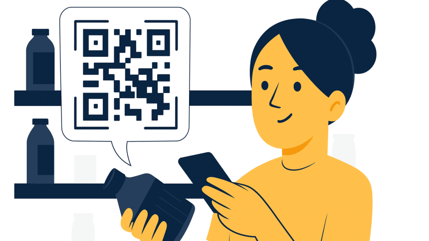 Ilustracja: osoba w sklepie trzyma butelkę i smartfon, skanuje kod. Nad półką z produktami widoczna duża chmurka z powiększonym kodem QR, symbolizująca cyfrowy dostęp do informacji o produkcie.
