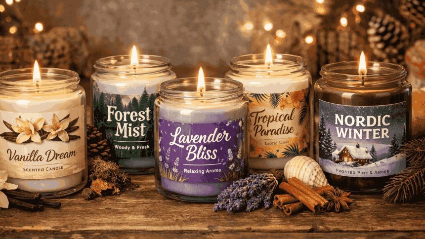Sześć zapalonych świec w szklanych słoikach ustawionych na drewnianym blacie. Każda świeca ma inną etykietę (m.in. Vanilla Dream, Forest Mist, Lavender Bliss, Tropical Paradise, Nordic Winter); wokół leżą dekoracje: lawenda, laski cynamonu, muszla i szyszki, w tle ciepłe światełka.