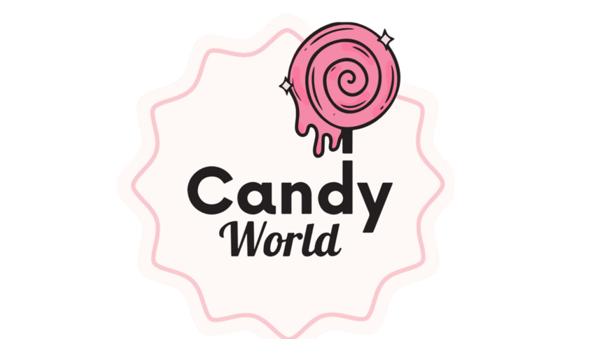 Logo firmy Candy World. Czarny napis "Candy World" pod rysunkiem różowego, kręconego lizaka, z którego spływa lukier. Całość na tle różowej, falistej ramki.