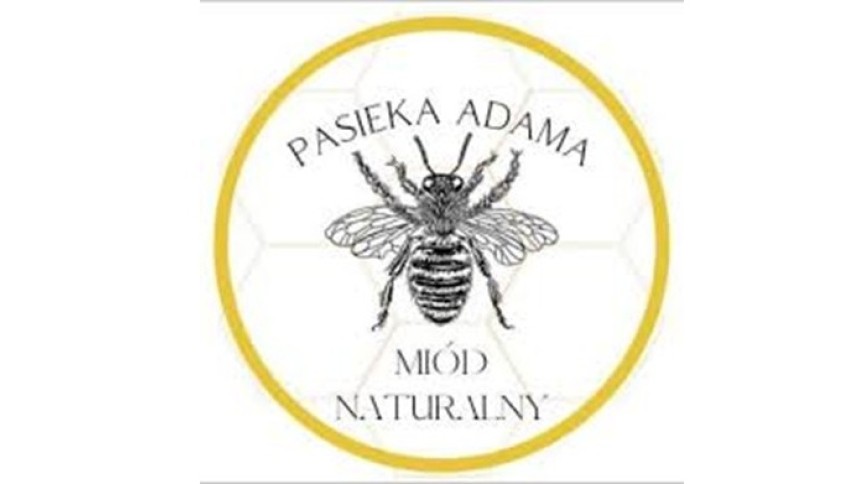 Logo Pasieki Adama: rysunek pszczoły w żółtym okręgu z tłem plastra miodu, z napisem "Pasieka Adama Miód Naturalny".  Zdjęcie 12