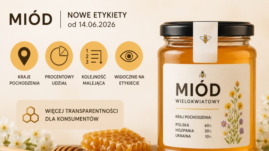Infografika przedstawiająca nowe zasady etykietowania miodu od 14.06.2026. Główne zmiany to: obowiązkowe podawanie krajów pochodzenia, ich procentowego udziału w mieszance, w kolejności malejącej. Wszystkie informacje mają być widoczne na etykiecie dla większej transparentności. Na grafice widoczny jest słoik miodu wielokwiatowego z przykładową etykietą: Kraj pochodzenia: Polska 60%, Hiszpania 30%, Ukraina 10%.