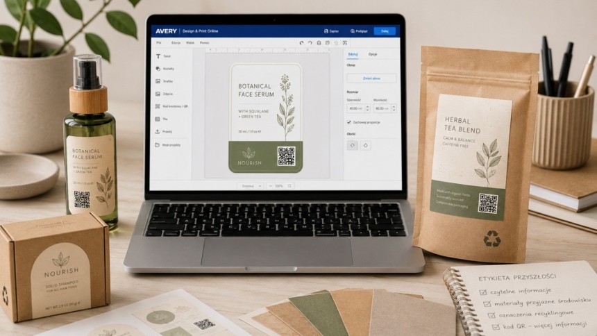 Biurko projektanta z otwartym laptopem, na którym widać program Avery do tworzenia etykiet. Na ekranie projekt etykiety dla "Botanical Face Serum". Wokół leżą gotowe produkty z etykietami: butelka serum, kartonowe pudełko, torebka herbaty ziołowej, oraz arkusze z wydrukowanymi etykietami i wzorniki kolorów.