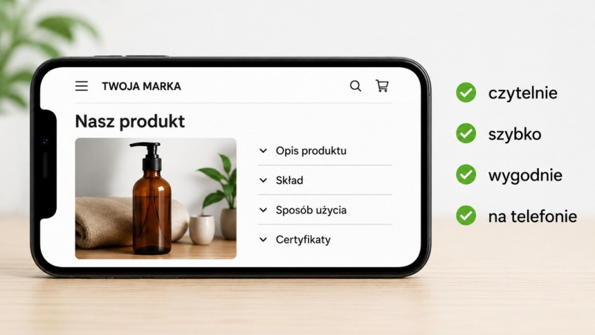 Smartfon wyświetlający stronę produktu z czytelnymi informacjami, takimi jak opis i skład. Obok telefonu wypisane są zalety: czytelnie, szybko, wygodnie, na telefonie.