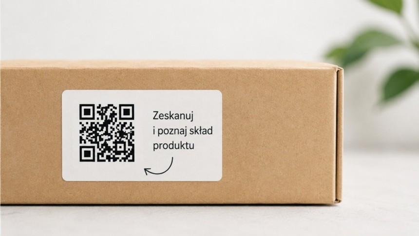 Kartonowe pudełko z białą naklejką, na której znajduje się kod QR oraz napis "Zeskanuj i poznaj skład produktu".