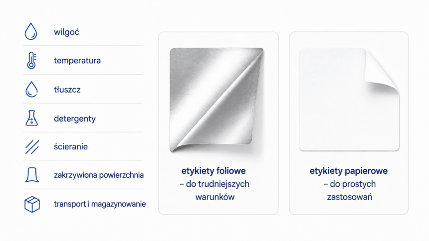 Infografika porównująca etykiety foliowe i papierowe. Po lewej stronie ikony symbolizujące trudne warunki, takie jak wilgoć i temperatura. Po prawej, przykłady etykiety foliowej (trwalszej) i papierowej (standardowej).