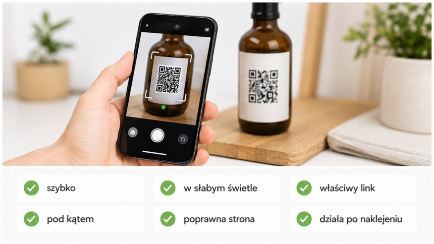 Dłoń skanująca telefonem kod QR na butelce produktu. Poniżej wymienione zalety skanowania: szybko, pod kątem, w słabym świetle, prowadzi do właściwego linku i poprawnej strony.