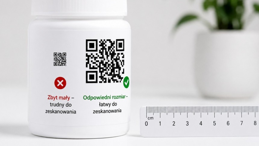 Porównanie dwóch kodów QR na etykiecie produktu: mały, nieczytelny kod oznaczony jako nieprawidłowy i większy, czytelny kod oznaczony jako prawidłowy, co pokazuje znaczenie odpowiedniego rozmiaru kodu.