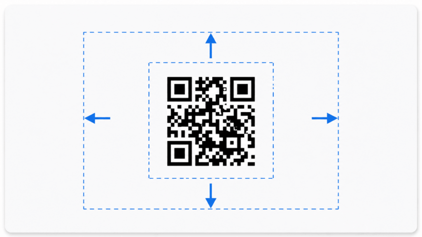 Grafika przedstawiająca kod QR otoczony przerywaną linią ze strzałkami, która symbolizuje strefę ciszy (margines), niezbędną do jego prawidłowego zeskanowania.