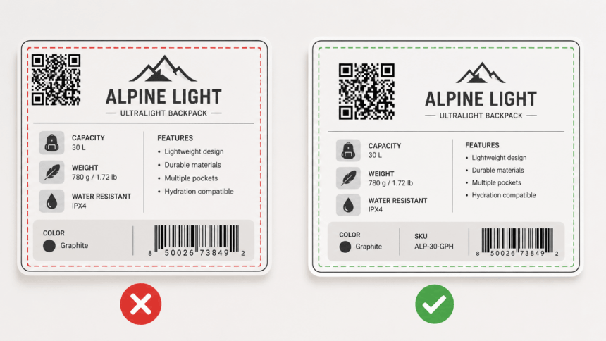 Porównanie dwóch etykiet produktu. Etykieta po lewej, oznaczona jako nieprawidłowa, ma kod QR umieszczony zbyt blisko krawędzi. Etykieta po prawej, prawidłowa, pokazuje kod QR z zachowanym odpowiednim marginesem.