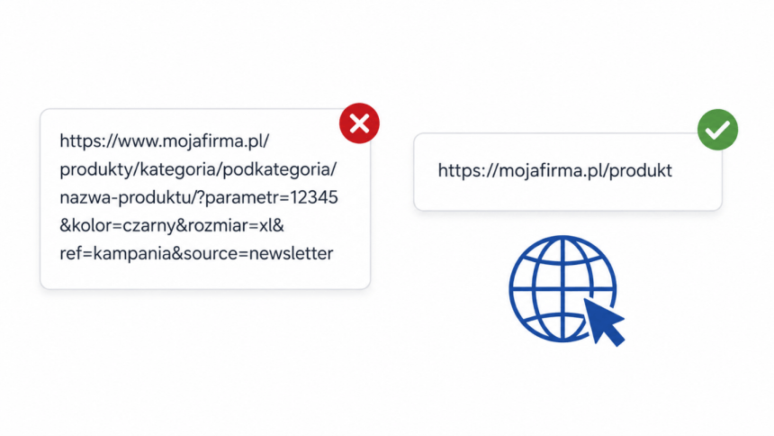 Graficzne porównanie dwóch linków URL. Długi, skomplikowany adres jest oznaczony jako nieprawidłowy, a krótki i prosty adres jako prawidłowy, co sugeruje dobrą praktykę tworzenia linków do kodów QR.