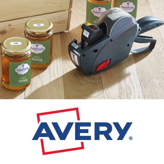 Logo Avery oraz metkownica z produktami powyżej