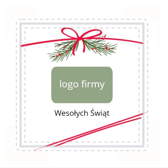 Szablon z logo na zielonym tłem, czerwonymi wstążkami, gałązkami i napisem Wesołych Świąt