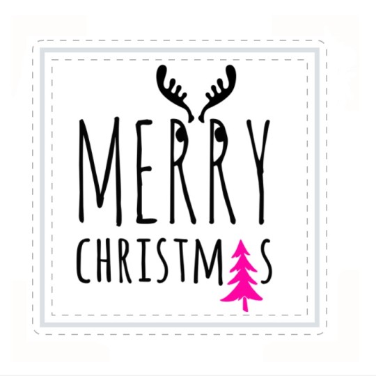 Kwadratowy szablon z napisem Merry Christmas, rogami renifera i różową choineczką