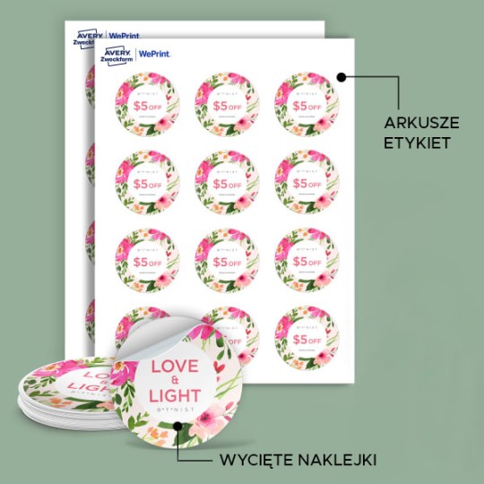 Infografika pokazująca arkusz etykiet, stos wyciętych naklejek okrągłych na zielonym tle