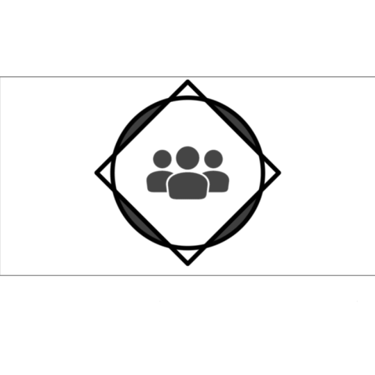 Szablon z logo zawierający symbole trzech osób zawartych w kształt połączonego koła z kwadratem