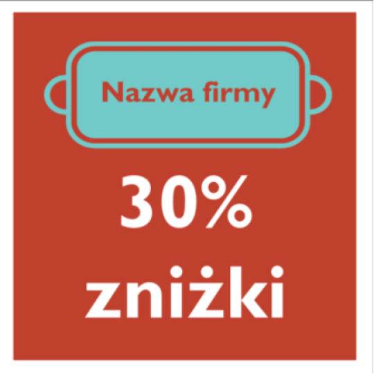 Szablon czerwonej kwadratowej etykiety promocyjnej z nazwą firmy na turkusowym tle i napisem 30% zniżki
