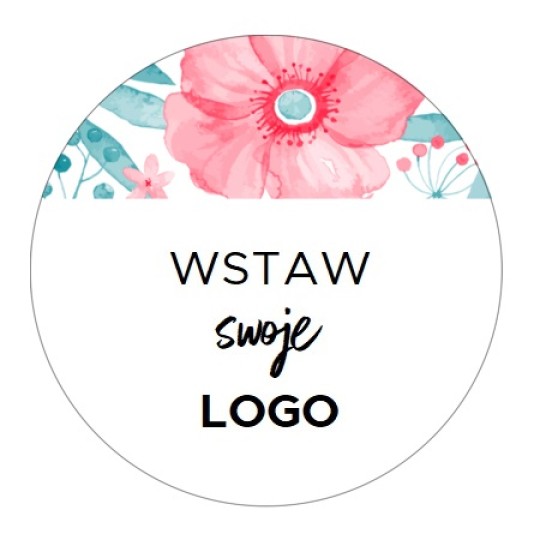Szablon okrągłej naklejki z logo z różowym kwiatkiem w tle