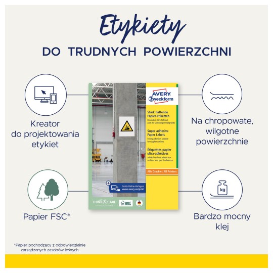 Infografika przedstawiająca zalety specjalnych etykiet do trudnych powierzchni