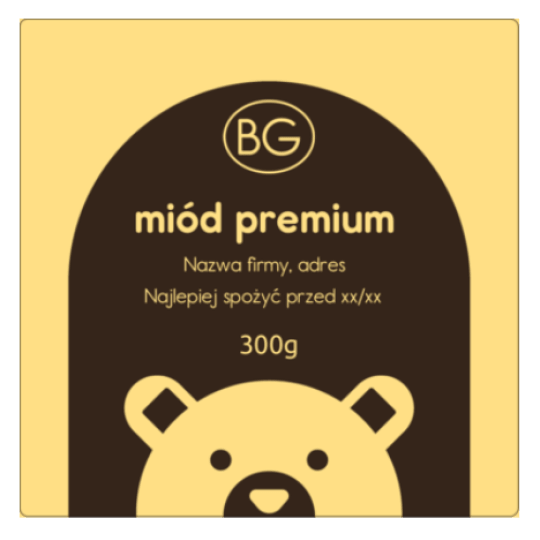 Żółto-czarna etykieta na miód z napisem Miód Premium z ikonką misia