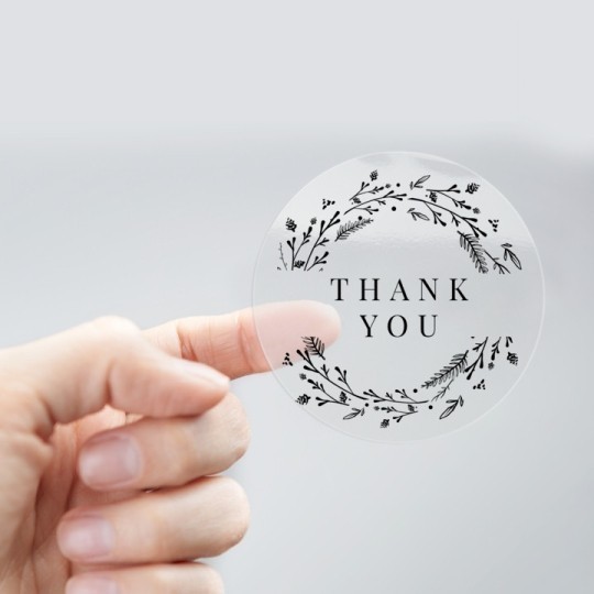 Przezroczysta naklejka z logo z napisem Thank You i ornamentami roślinnymi