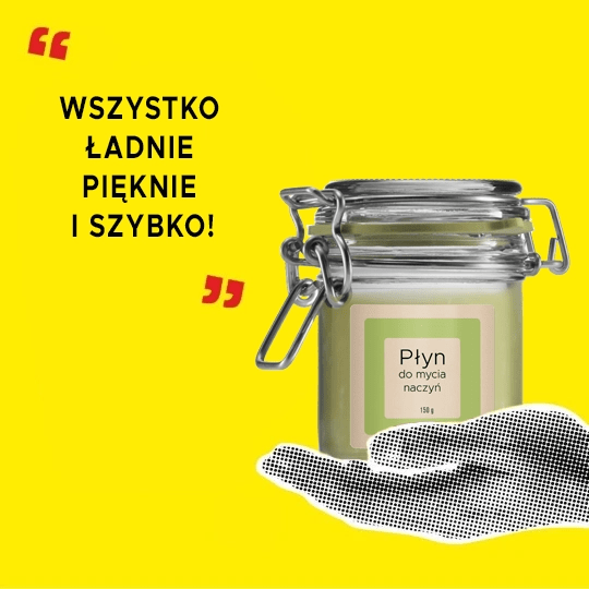 Czarnobiała dłoń trzymająca słoik z płynem do kąpieli oraz z cytatem opinii klienta na żółtym tle