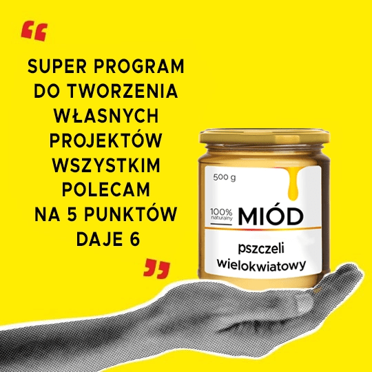 Czarnobiała dłoń na żółtym tle trzymajca słoik z miodem i białą naklejką oraz cytat z opinią klienta