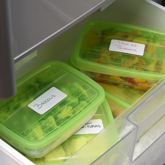 Zielone plastikowe pudełka z naklejami z opisem ręcznym wsadzone do zamrażarki