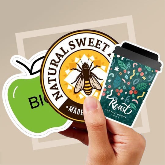 Dłoń trzyma trzy kolorowe naklejki: zielone jabłko z napisem BIO, okrągłą naklejkę z rysunkiem pszczoły i napisem ‘Natural Sweet – Made’, oraz naklejkę w kształcie kubka kawy z grafiką roślin i napisem ‘Roast Coffee House’